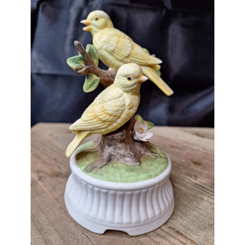 Vintage 1970s Sankyo Porcelain Yellow Birds Music Box Figurine Branch Flower